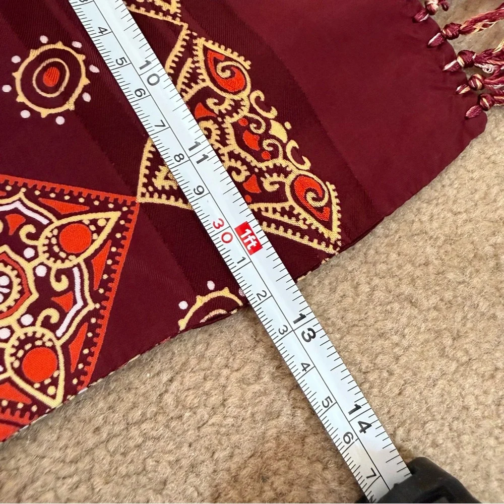 Vintage 1970’s Burgundy art deco Geometric Patterned Fringed Cravat Scarf